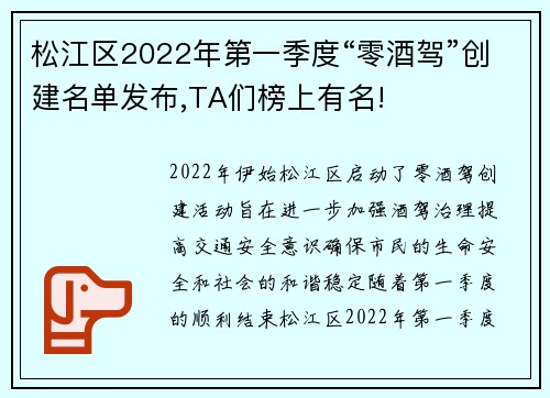 松江区2022年第一季度“零酒驾”创建名单发布,TA们榜上有名!