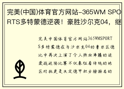 完美(中国)体育官方网站-365WM SPORTS多特蒙德逆袭！豪胜沙尔克04，继续追赶榜首的拜仁慕尼黑