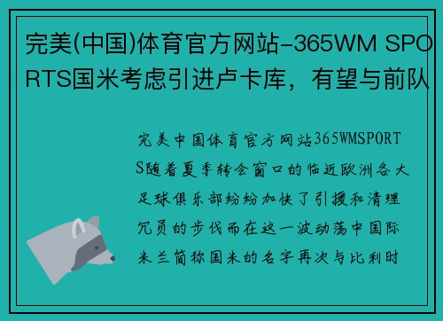 完美(中国)体育官方网站-365WM SPORTS国米考虑引进卢卡库，有望与前队友重新携手