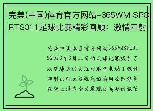 完美(中国)体育官方网站-365WM SPORTS311足球比赛精彩回顾：激情四射的对决与难忘瞬间